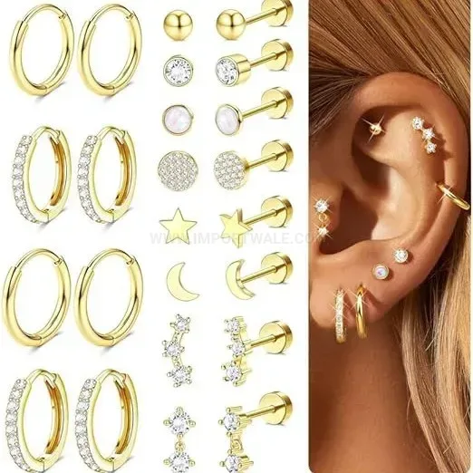 Designer Stainless Steel Cubic Zirconia Cartilage Piercing Stud Set