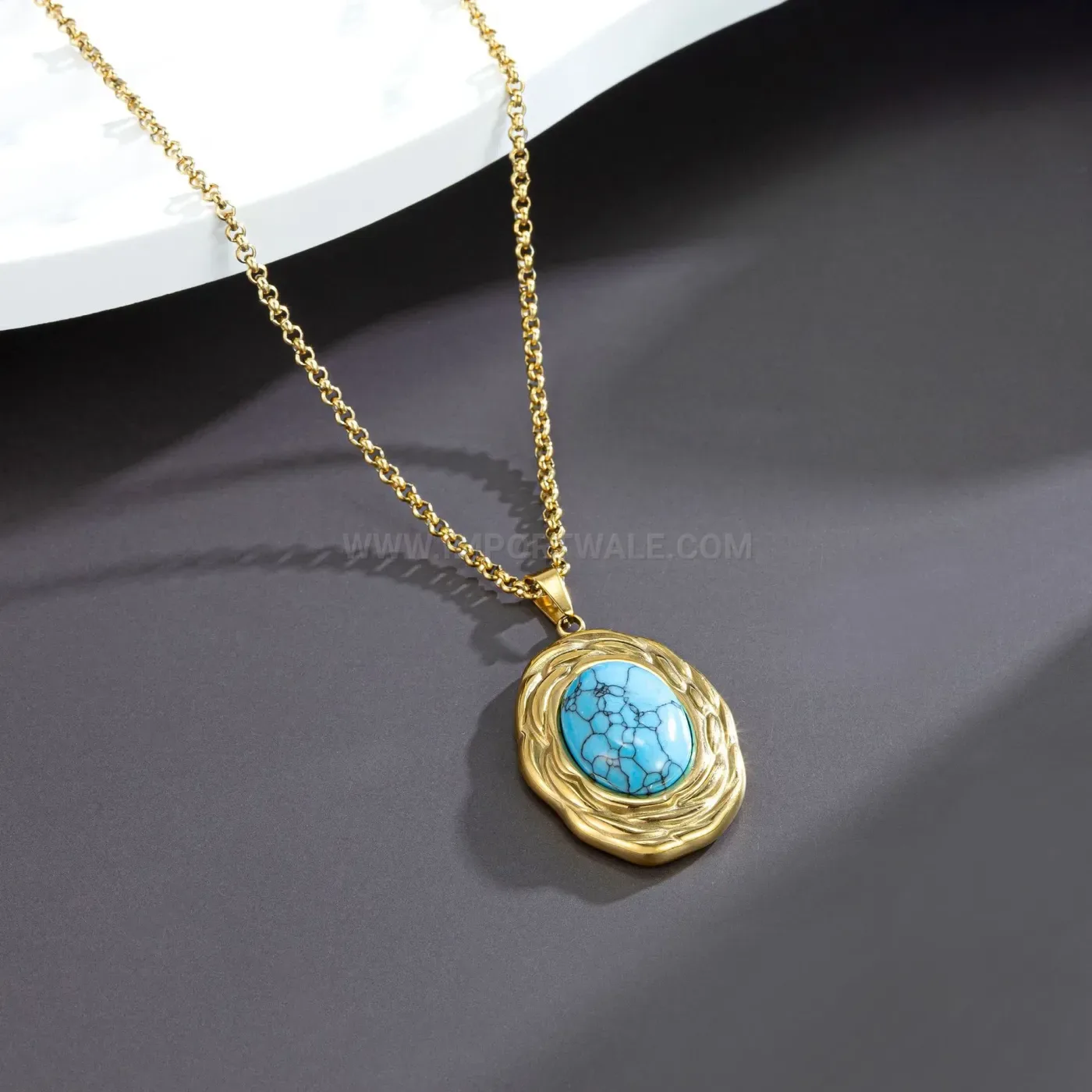 Trendy Vintage Turquoise Oval Pendant Titanium Steel Chain Necklace