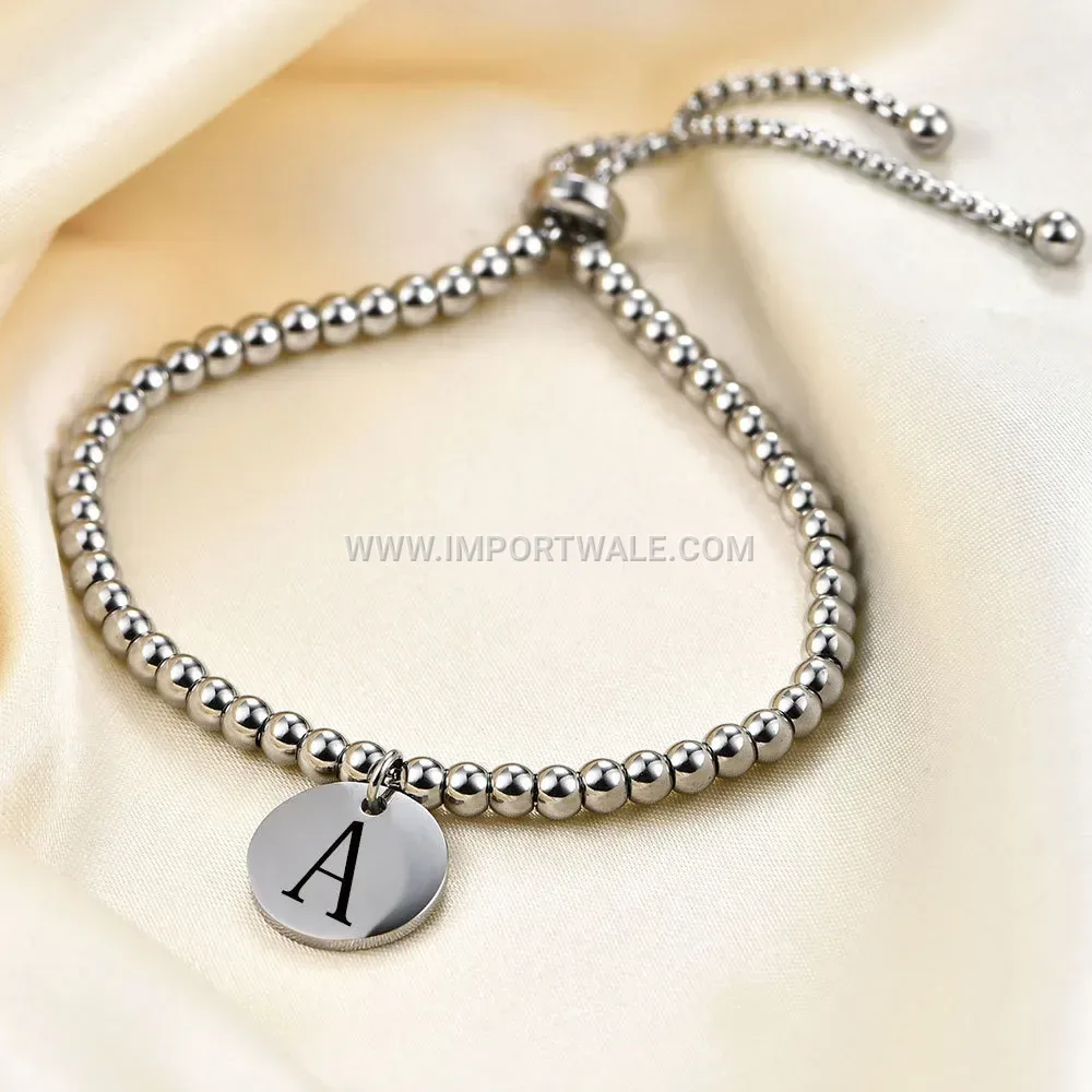 Adjustable Stainless Steel Bead Chain Bracelet With Engraved Initial Disc