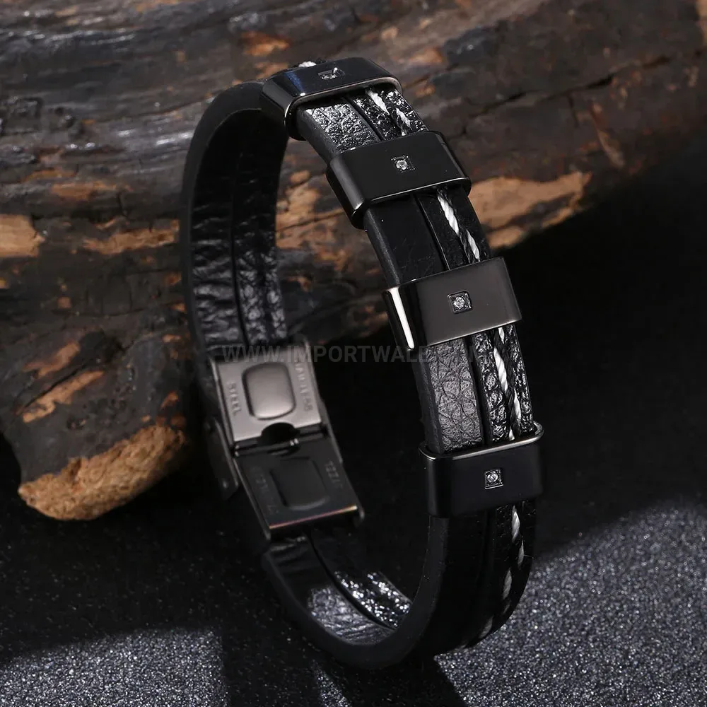 Multi-Layer Woven Leather Bracelet with Gemstone Titanium Accents