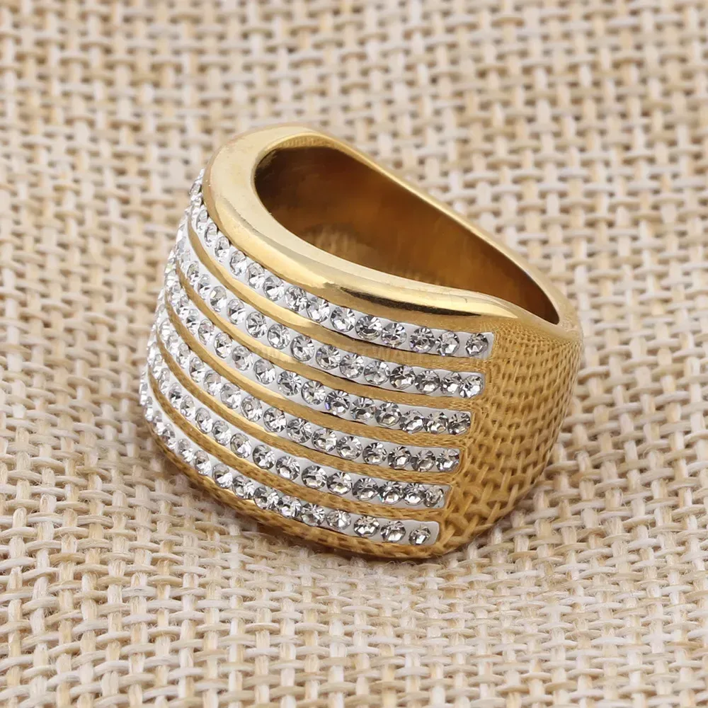 Gold Plated Vintage Six Row Crystal Stainless Steel Ring