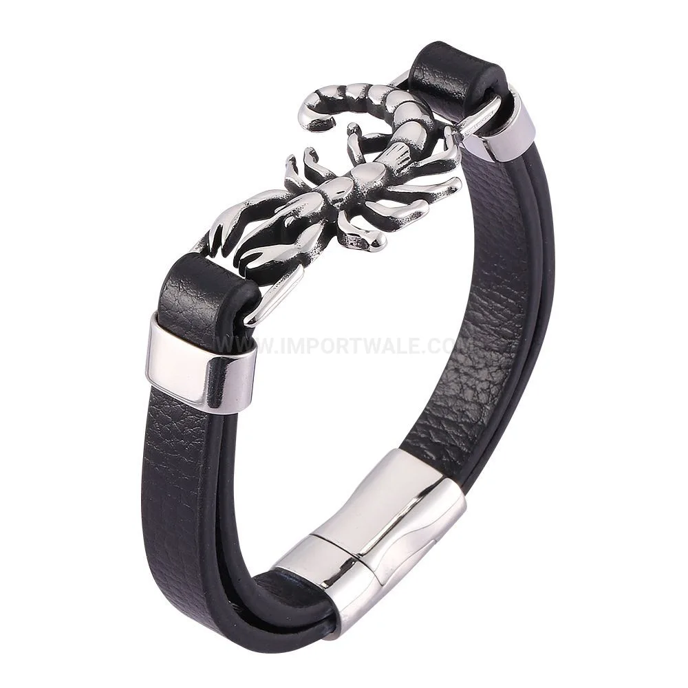 Woven Leather Bracelet with Stainless Steel Magnetic Scorpion Clasp