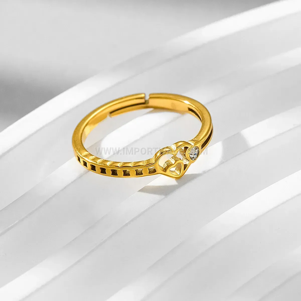 Gold Plated Cutout Heart Crystal Stainless Steel Ring