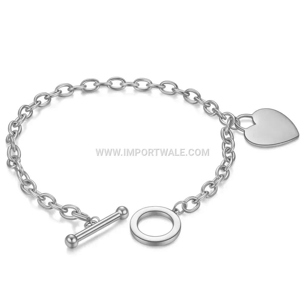 Engravable Heart Charm Stainless Steel OT Toggle Bracelet