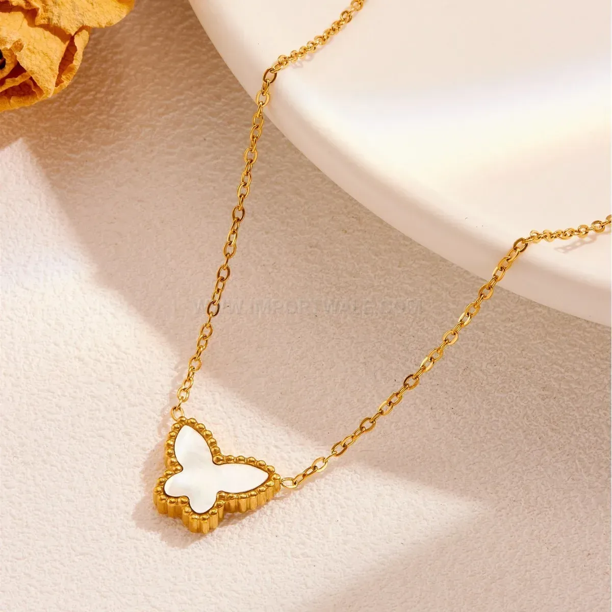 Premium Double Sided Mother of Pearl Butterfly Pendant Necklace