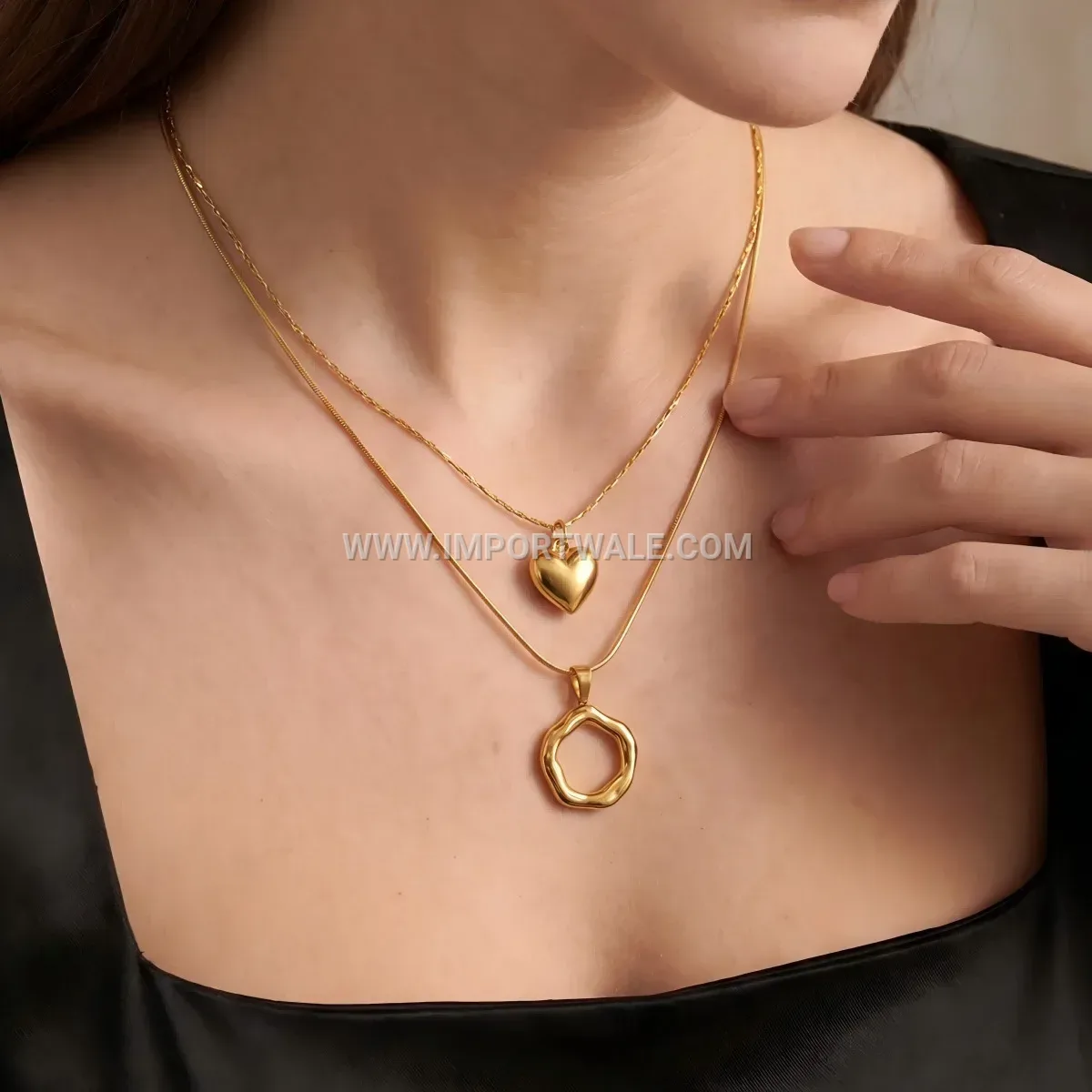 Double Strand Stainless Steel Heart Pendant Layered Necklace