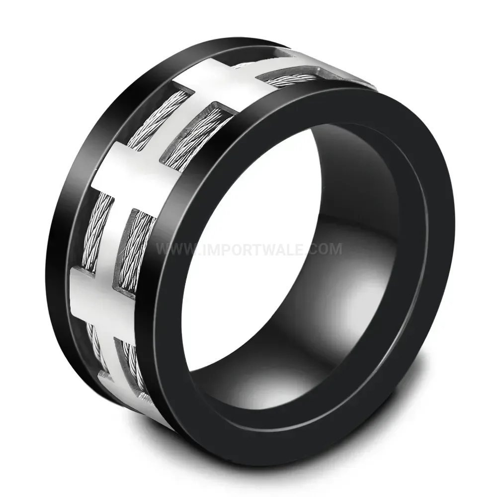Chic Industrial 10mm Black Wire Cable Inlay Stainless Steel Ring