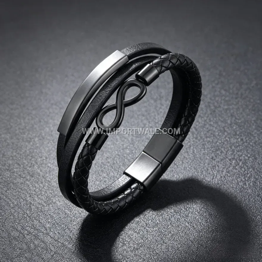 Infinity Charm Multi Strand Braided Leather Wristband