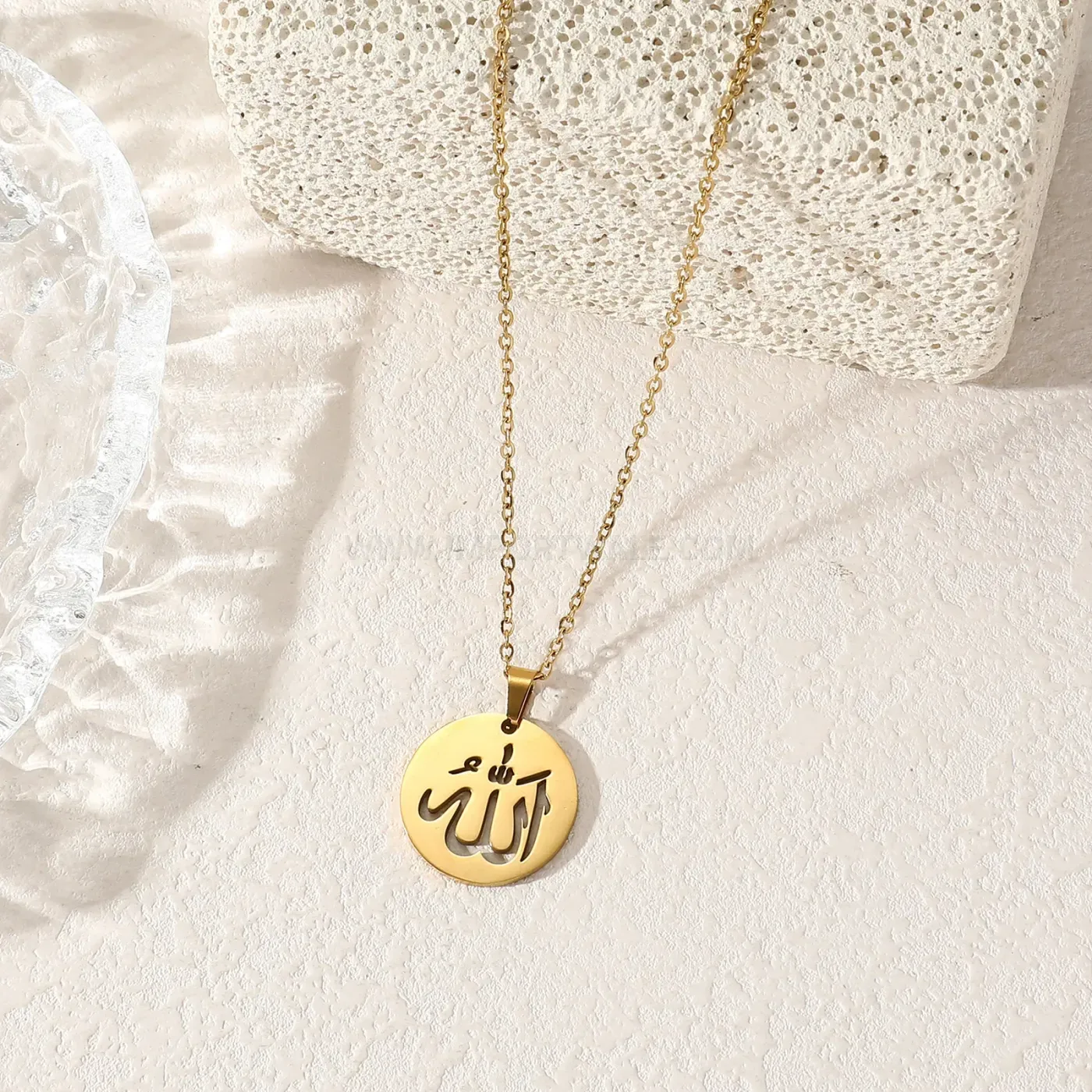 Modern Round Stainless Steel Calligraphy Medallion Pendant Necklace