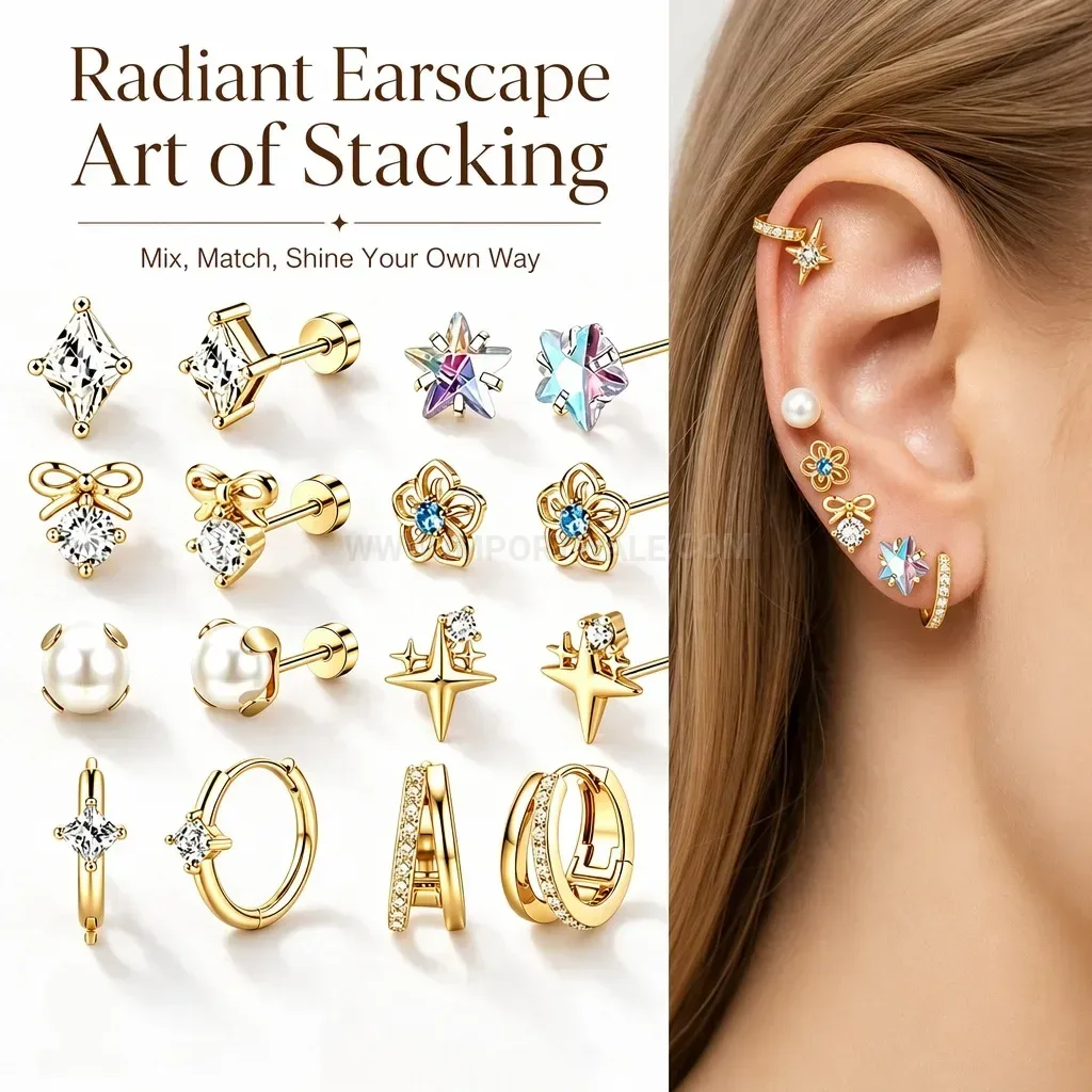 Designer Stainless Steel Flat Back Piercing Studs and Hoops Set