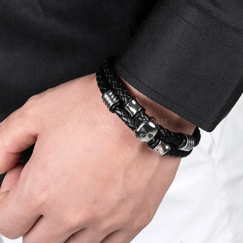Trendy Double Strand Leather Bangle Bracelet With Stainless Steel Ghost Motif