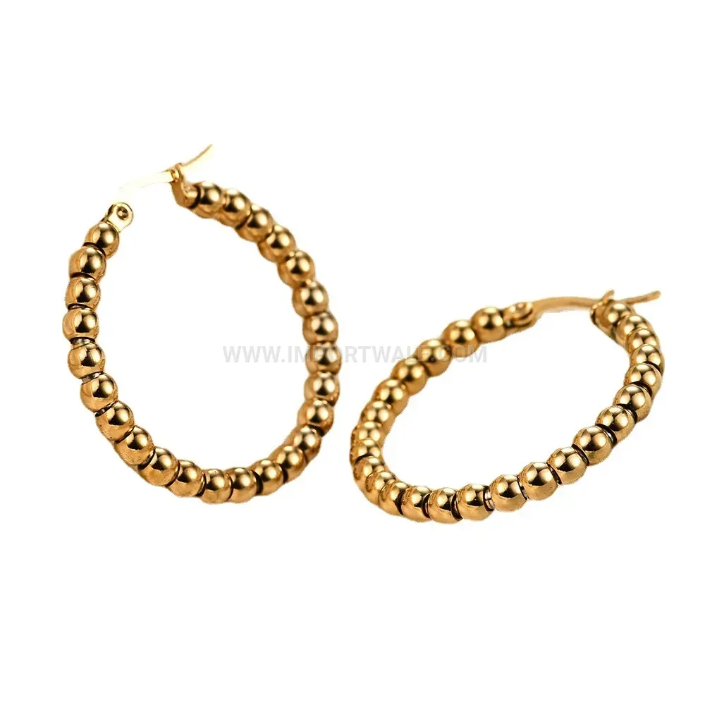 Minimalist 14K Gold Plated Stainless Steel C-Shape Round Bead Hoop Earrings