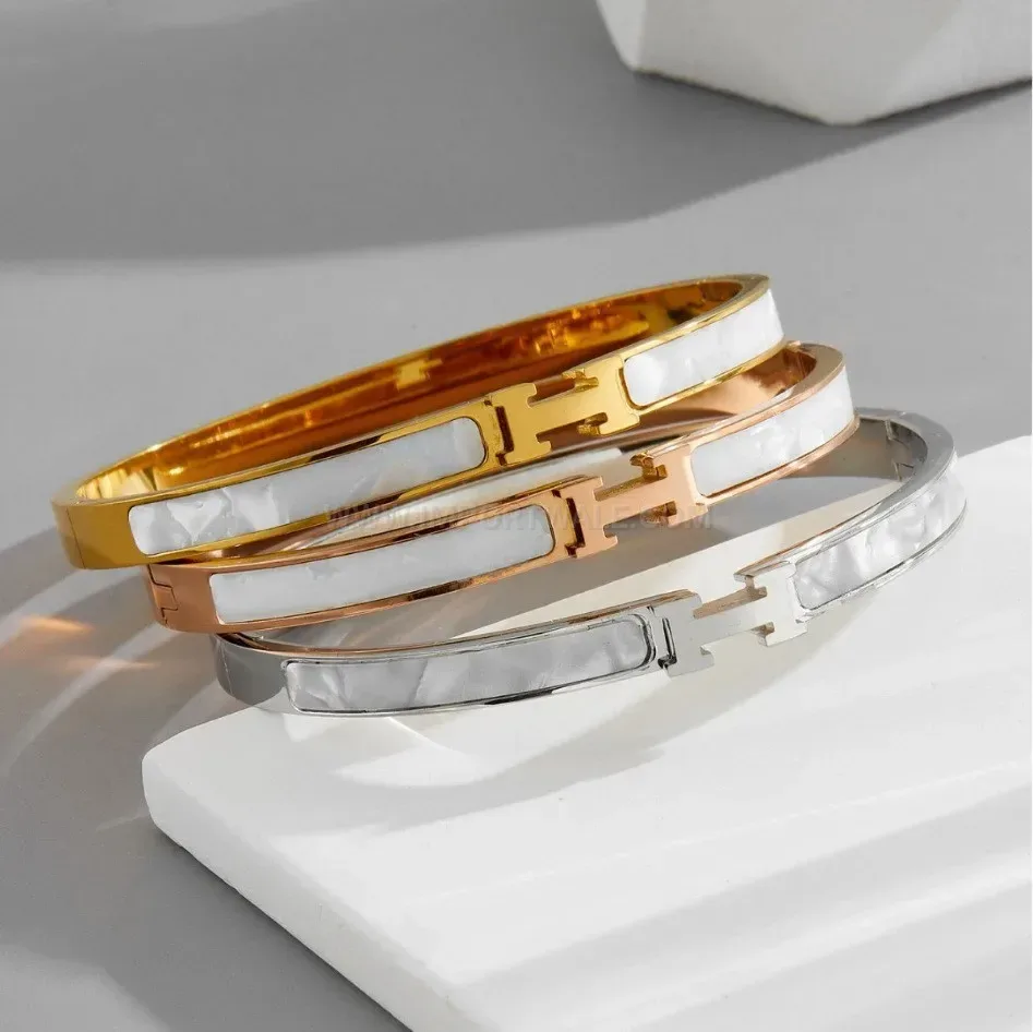 White Shell H-Inlay Clasp Titanium Steel Bangle