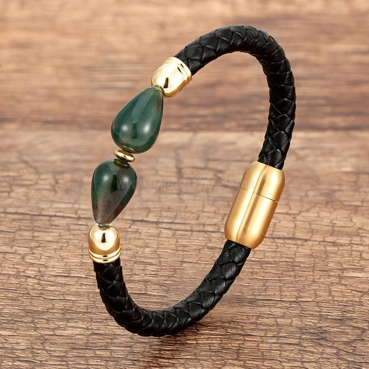 Minimalist Stone and Woven Leather Bracelet with Steel Clasp