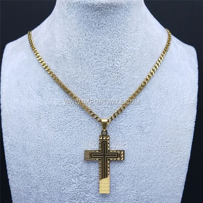 Gold Plated Stainless Steel Cross Pendant Necklace with Geometric Lines