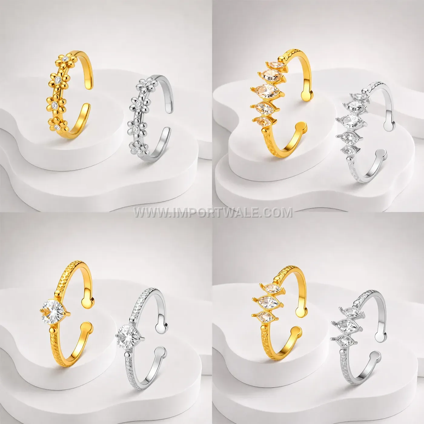 Adjustable Stainless Steel Geometric Open Ring Set with Rhinestone Accents
