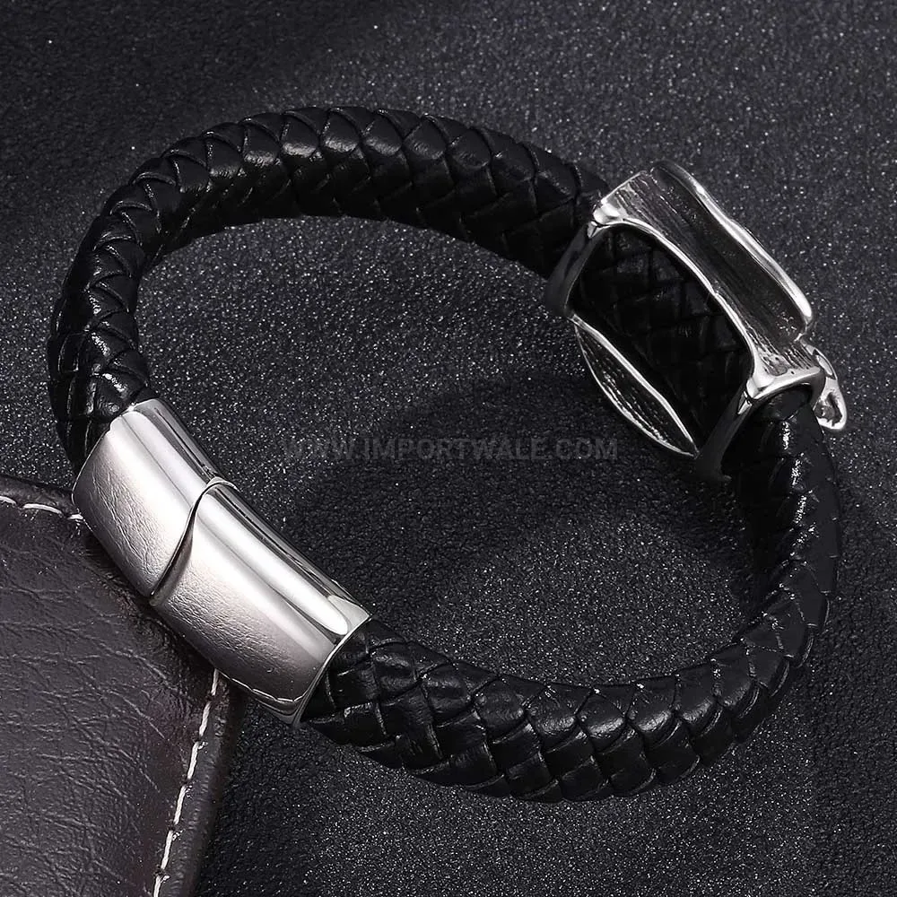 Vintage Woven Leather Eagle Stainless Steel Cuff