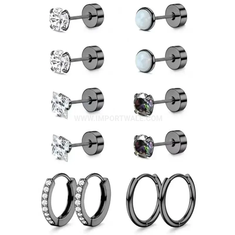 Fashion Stainless Steel Zircon Hoop And Stud Ear Piercing Set