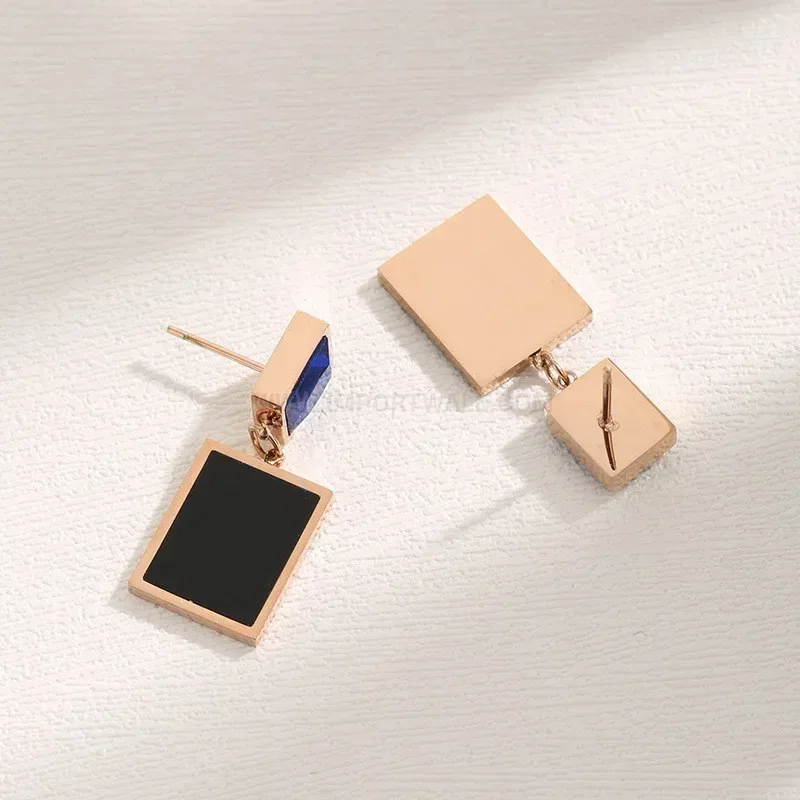 Geometric Titanium Steel Square Tag Drop Stud Earrings