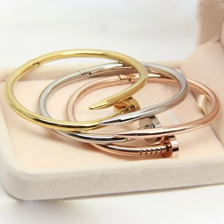 Stylish Pave Rhinestone Gold Plated Titanium Steel Nail Bangle Bracelet
