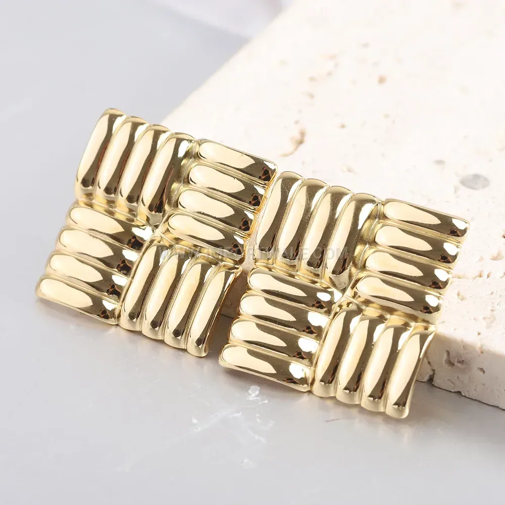Textured Geometric Grid Stainless Steel Stud Earrings