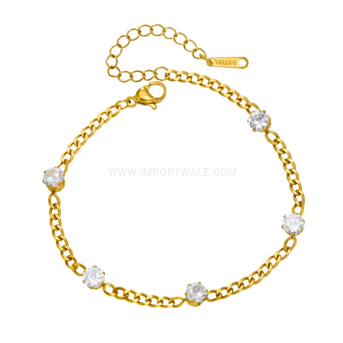 Classic Rhinestone Accent Stainless Steel Gold-Tone Chain Bracelet