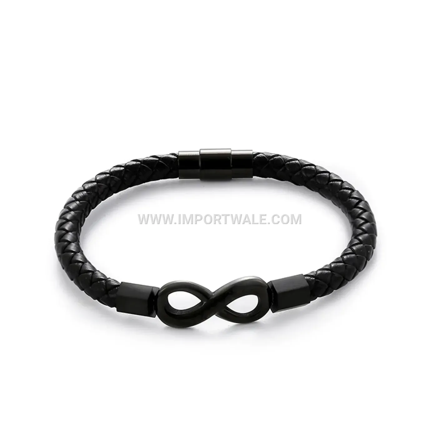 Infinity Motif Black Leather Cord Stainless Steel Bracelet for Men