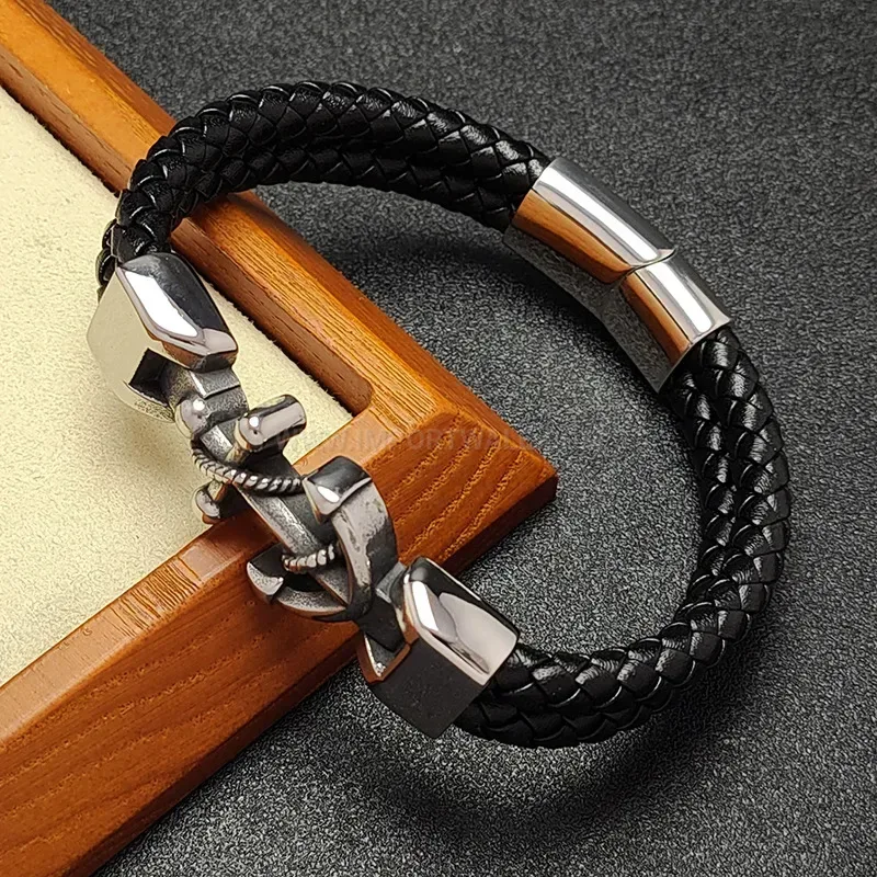 Trendy Anchor Motif Braided Rope Leather Stainless Steel Men's Bracelet