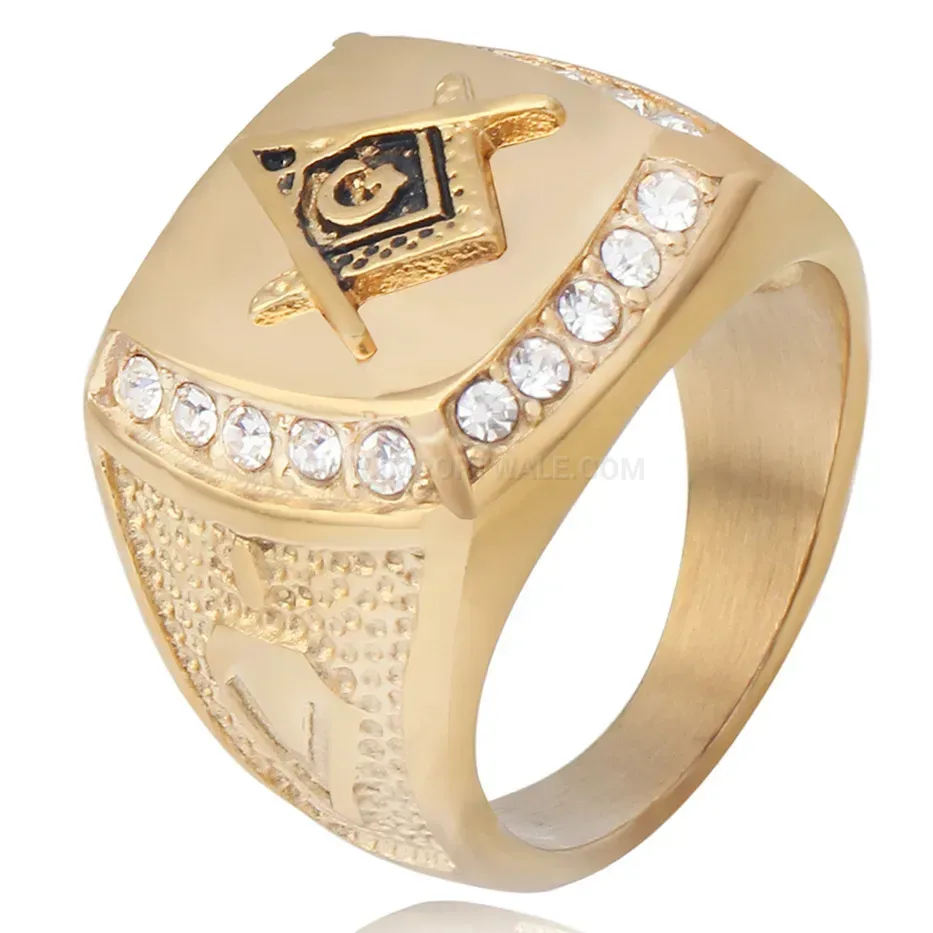 Designer Gold-Plated Stainless Steel Square Emblem Ring with Crystals