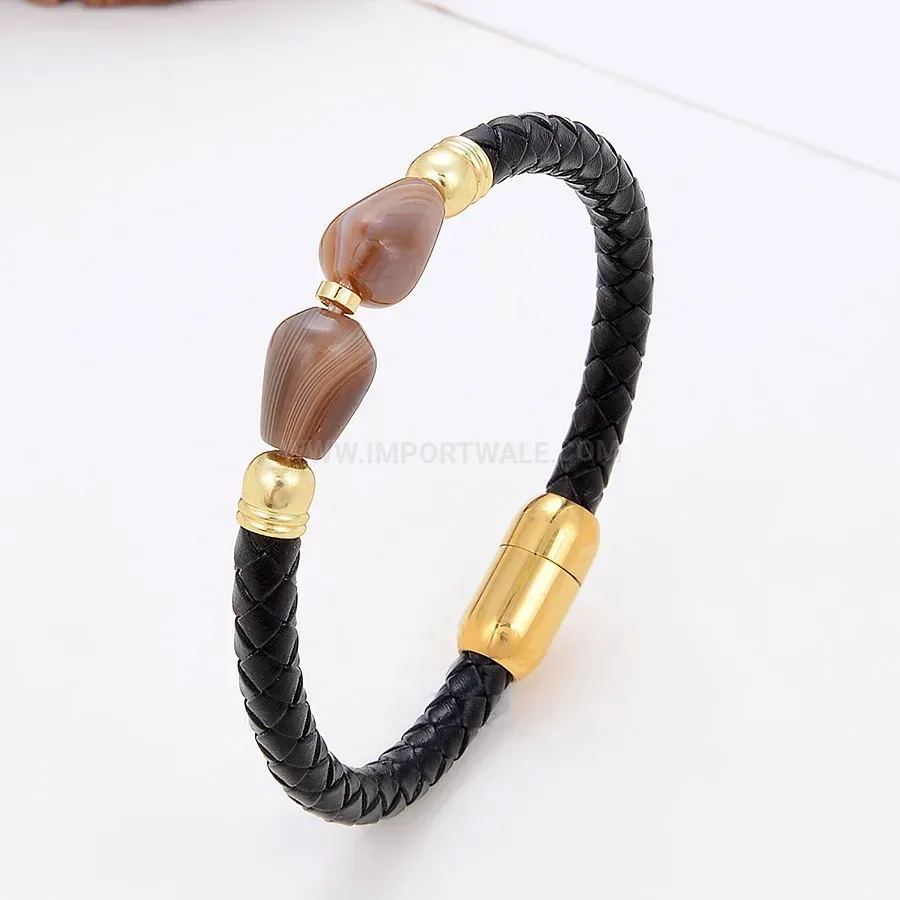 Retro Leather Stone Bracelet with Stainless Steel Magnetic Clasp