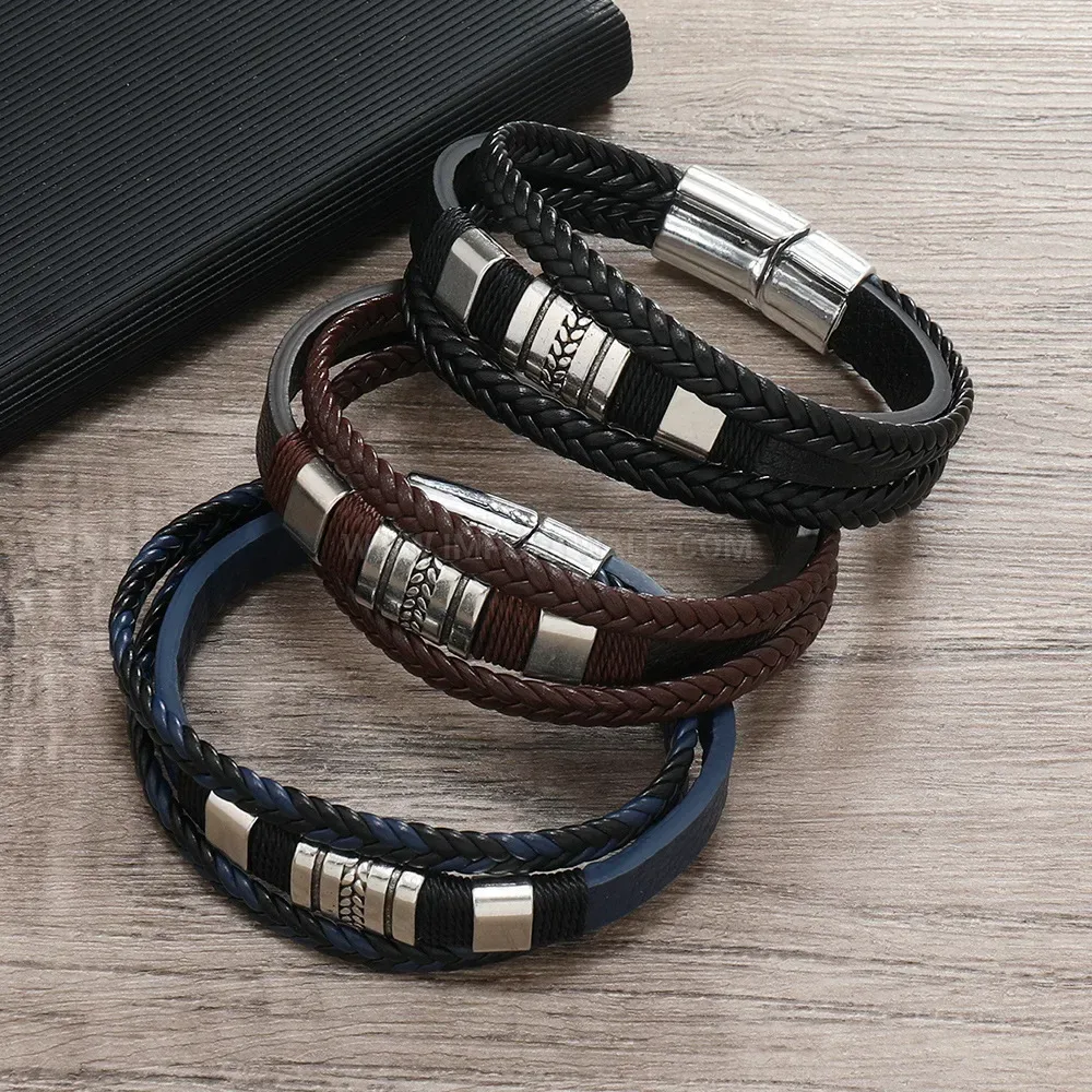 Designer Triple-Ring Engraved Leather Bracelet With Magnetic Closure