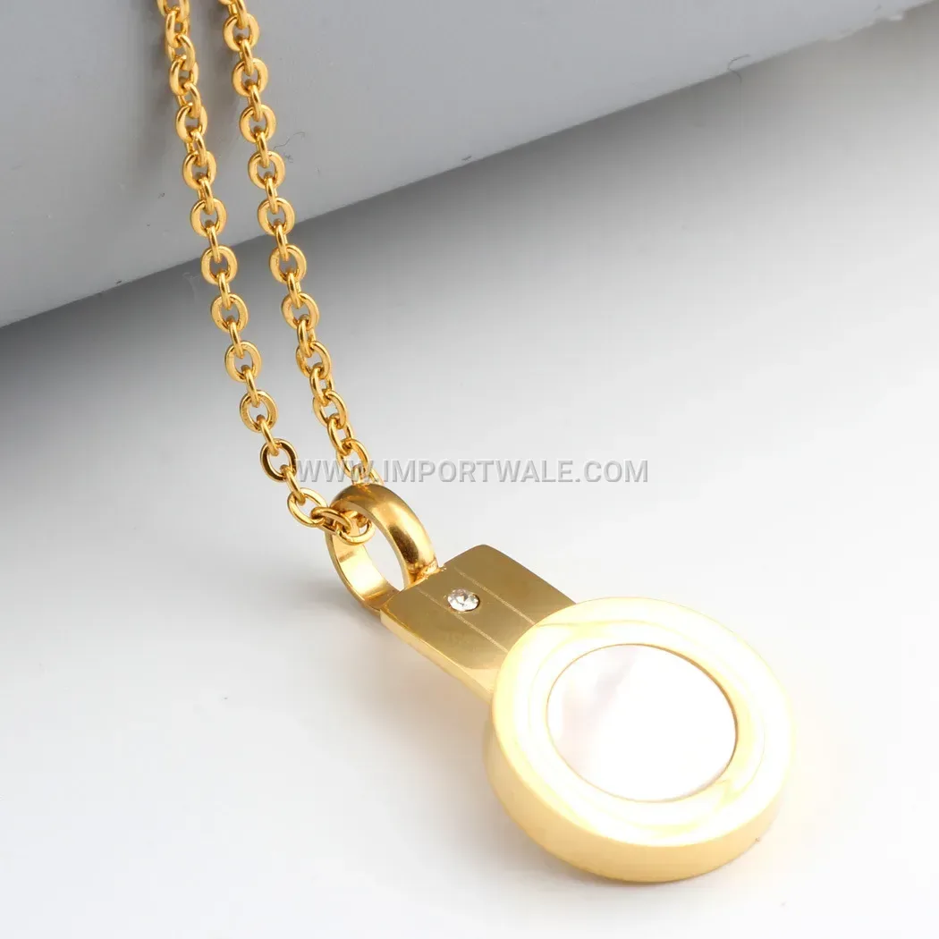 Gold Stainless Steel Shell Inlaid Circular Pendant Necklace