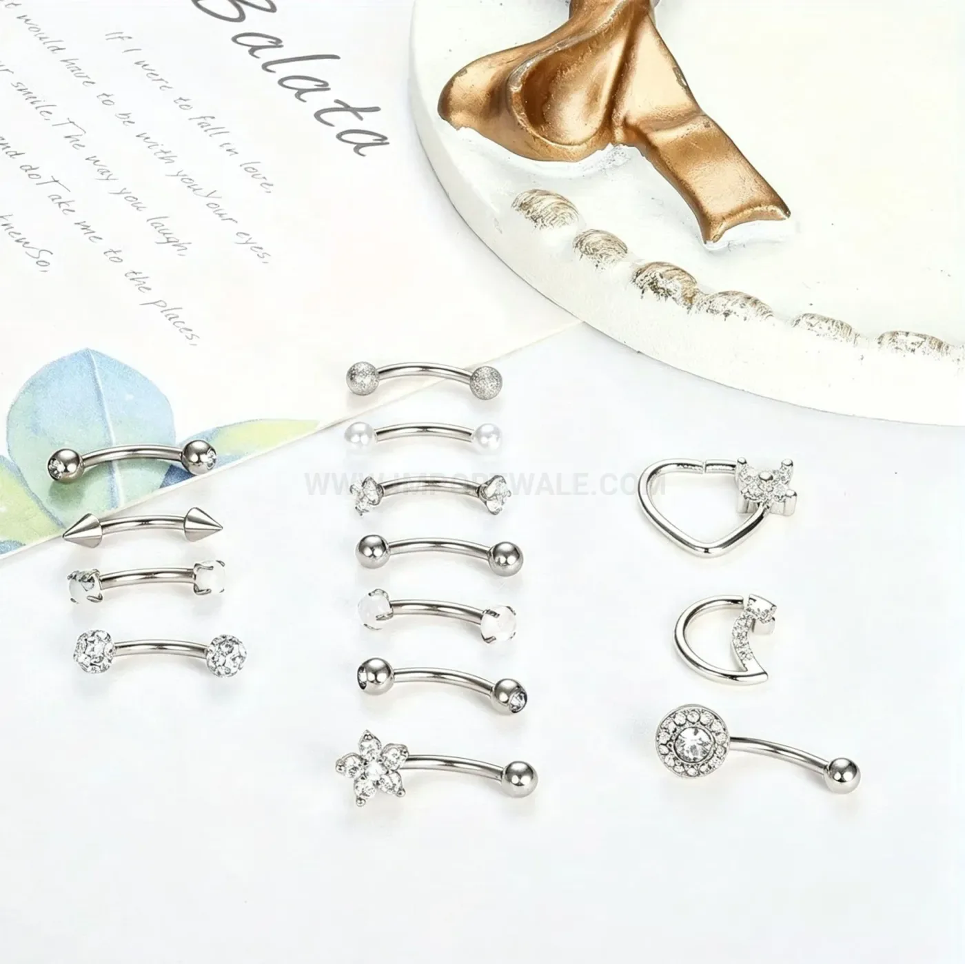Stylish Curved Stainless Steel Zircon Pearl Body Piercing Jewelry Set