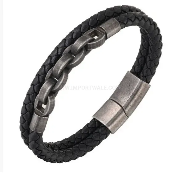 Distressed Steel Chain and Microfiber Leather Men's Bracelet
