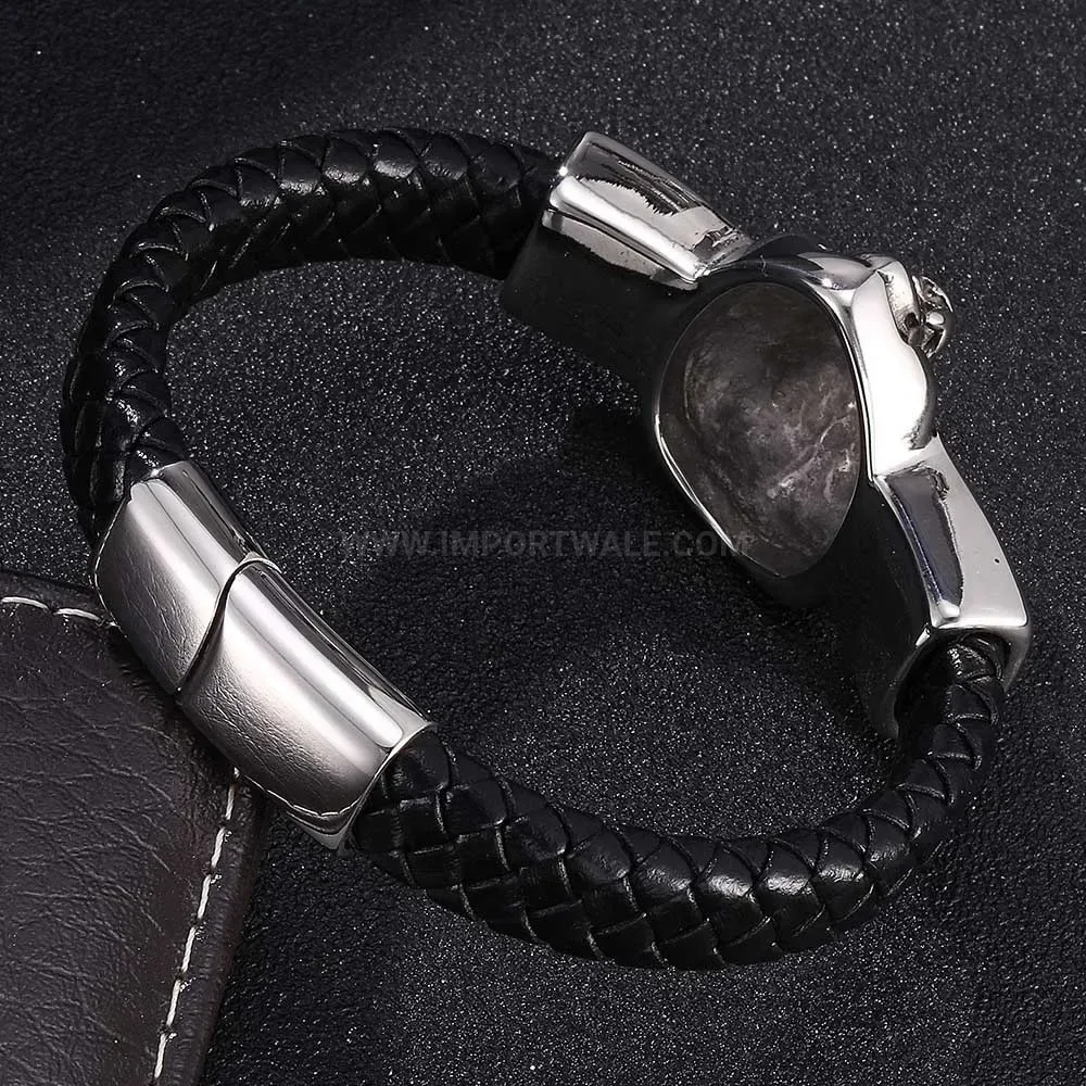 Bold Lion Head Black Leather Bracelet with Stainless Steel Details