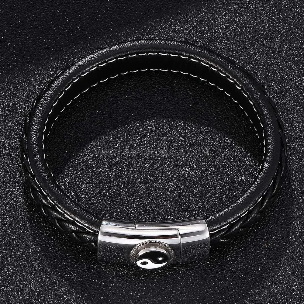 Woven Black Leather Cuff Bracelet with Stainless Steel Symbol Clasp