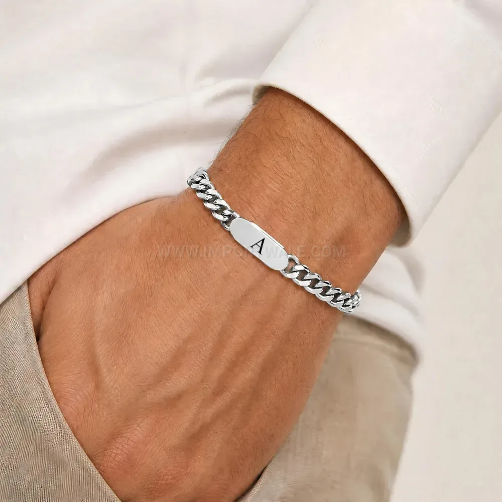 Engraved Alphabet Stainless Steel Cuban Chain Bracelet