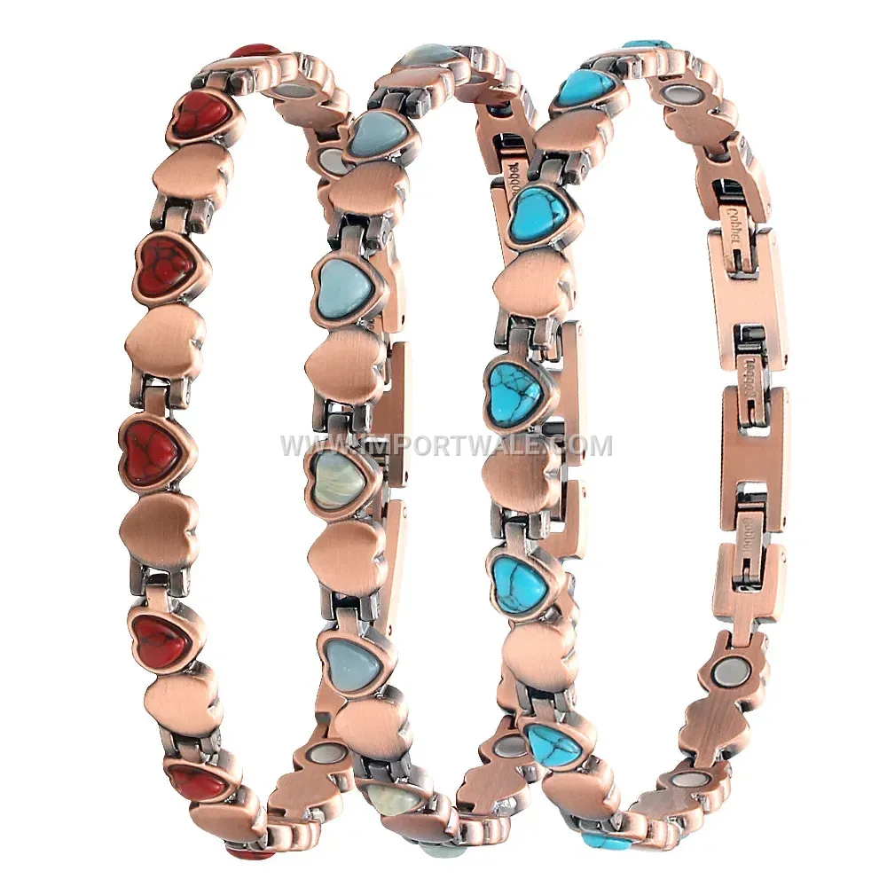 Vintage Heart Inlaid Natural Stone Red Copper Magnetic Bracelet