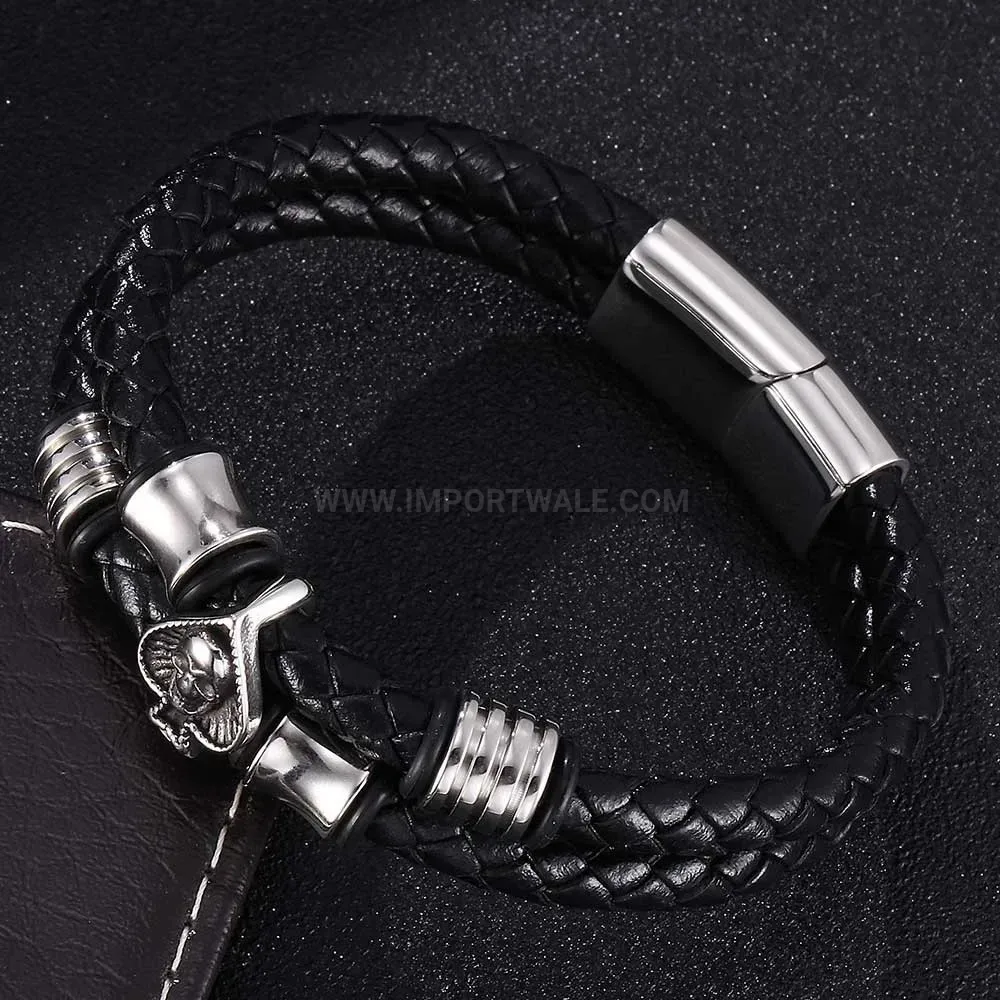 Designer Woven Leather Skull Detail Stainless Steel Charm Bangle