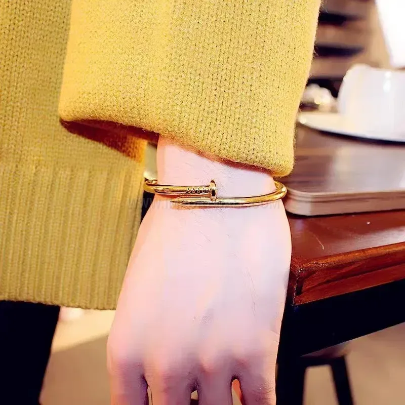 Stylish Pave Rhinestone Gold Plated Titanium Steel Nail Bangle Bracelet