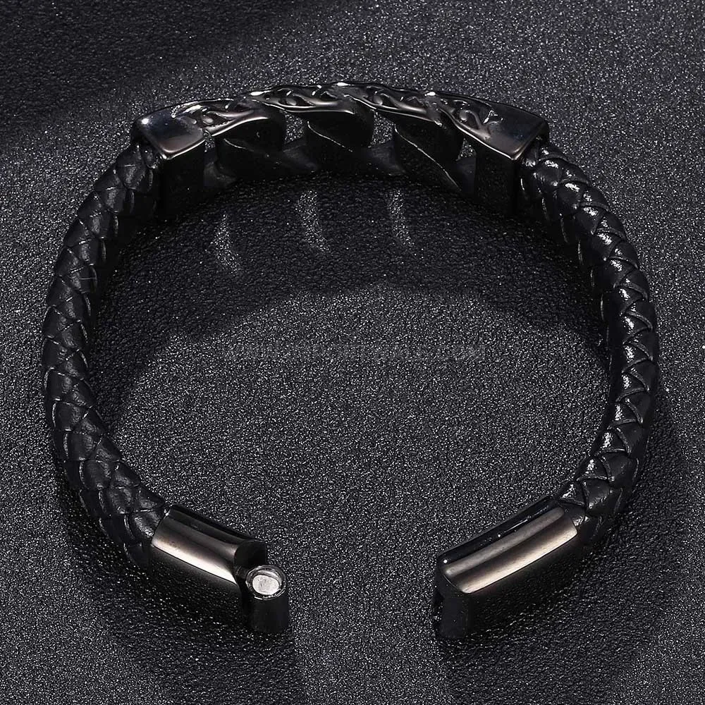 Stylish Woven Leather and Stainless Steel Magnetic Totem Cuff Bracelet