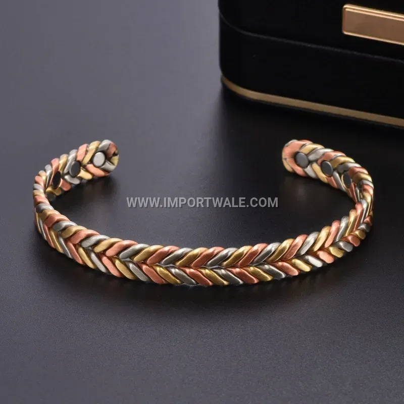 Tricolor Wavy Pure Copper Magnetic Dragon Energy Open Cuff Bracelet