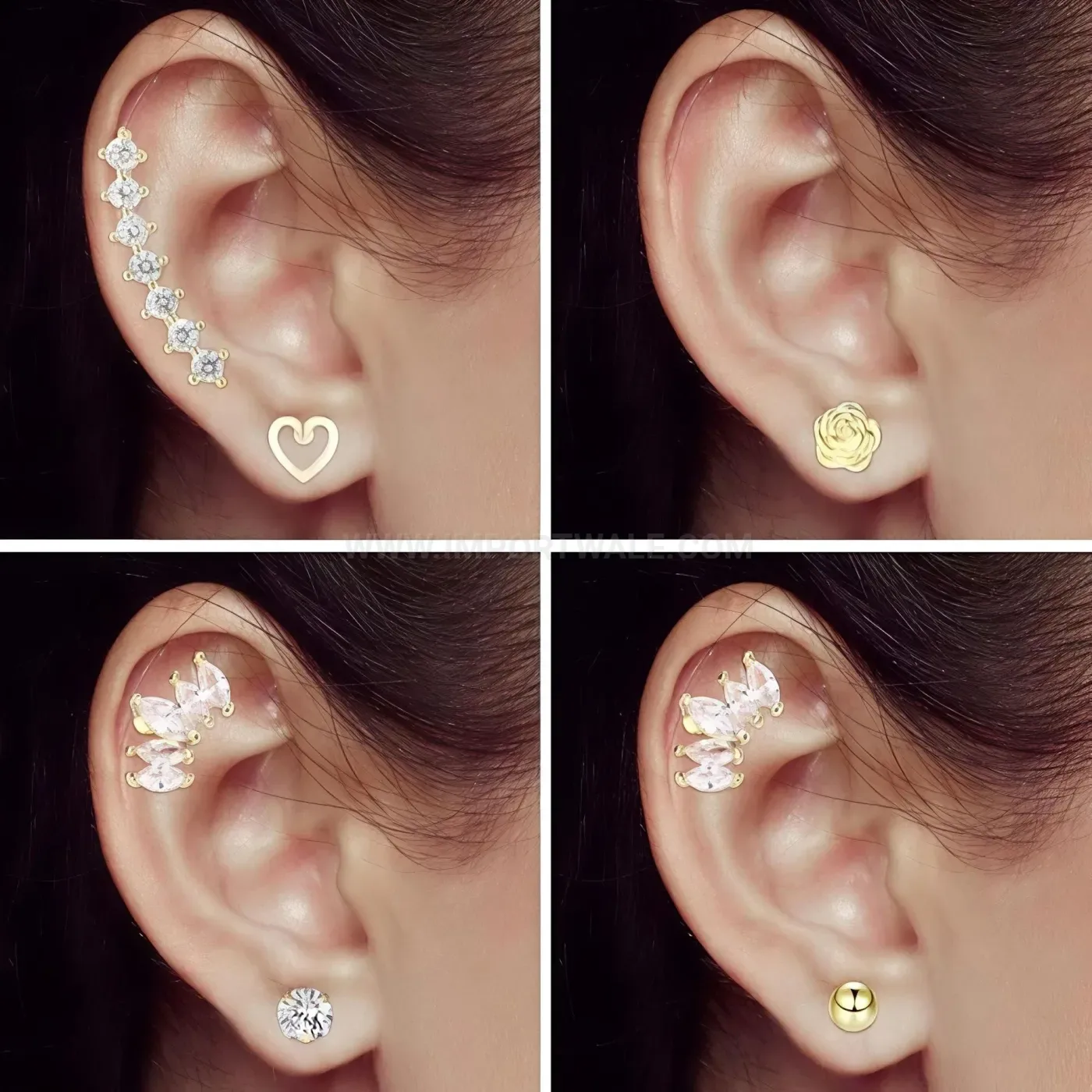 Modern Stainless Steel Heart Rhinestone Flat Back Piercing Studs