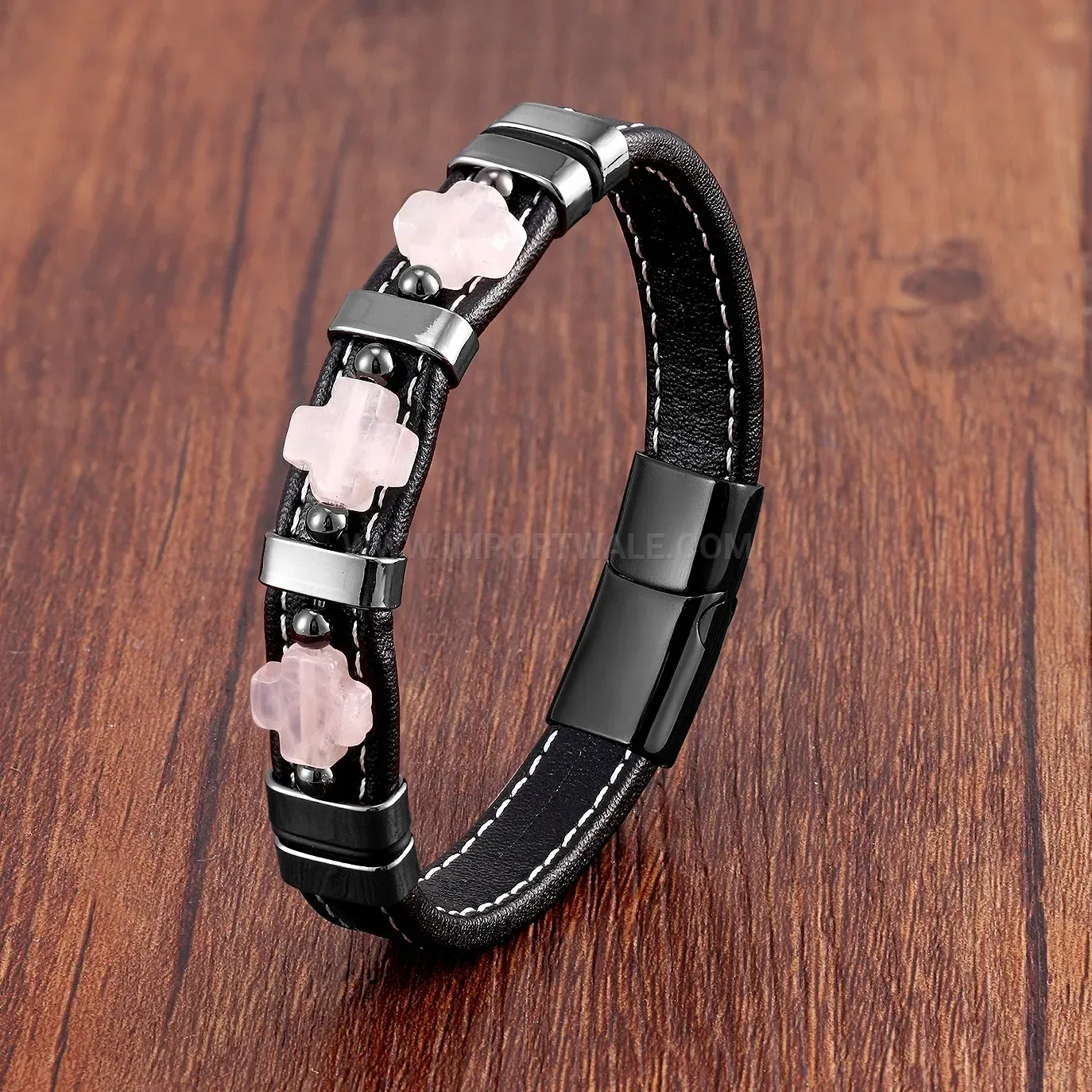 Vintage Leather Cross Stone Men's Stainless Steel Bracelet
