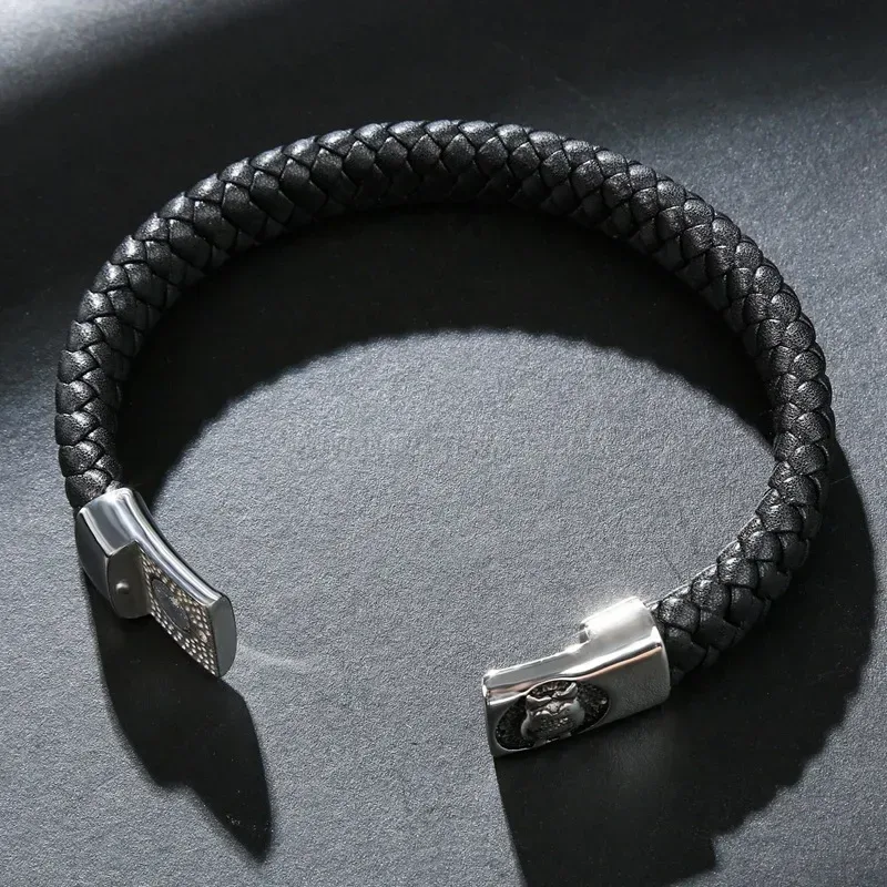 Bold Handcrafted Leather and Stainless Steel Owl Charm Bracelet