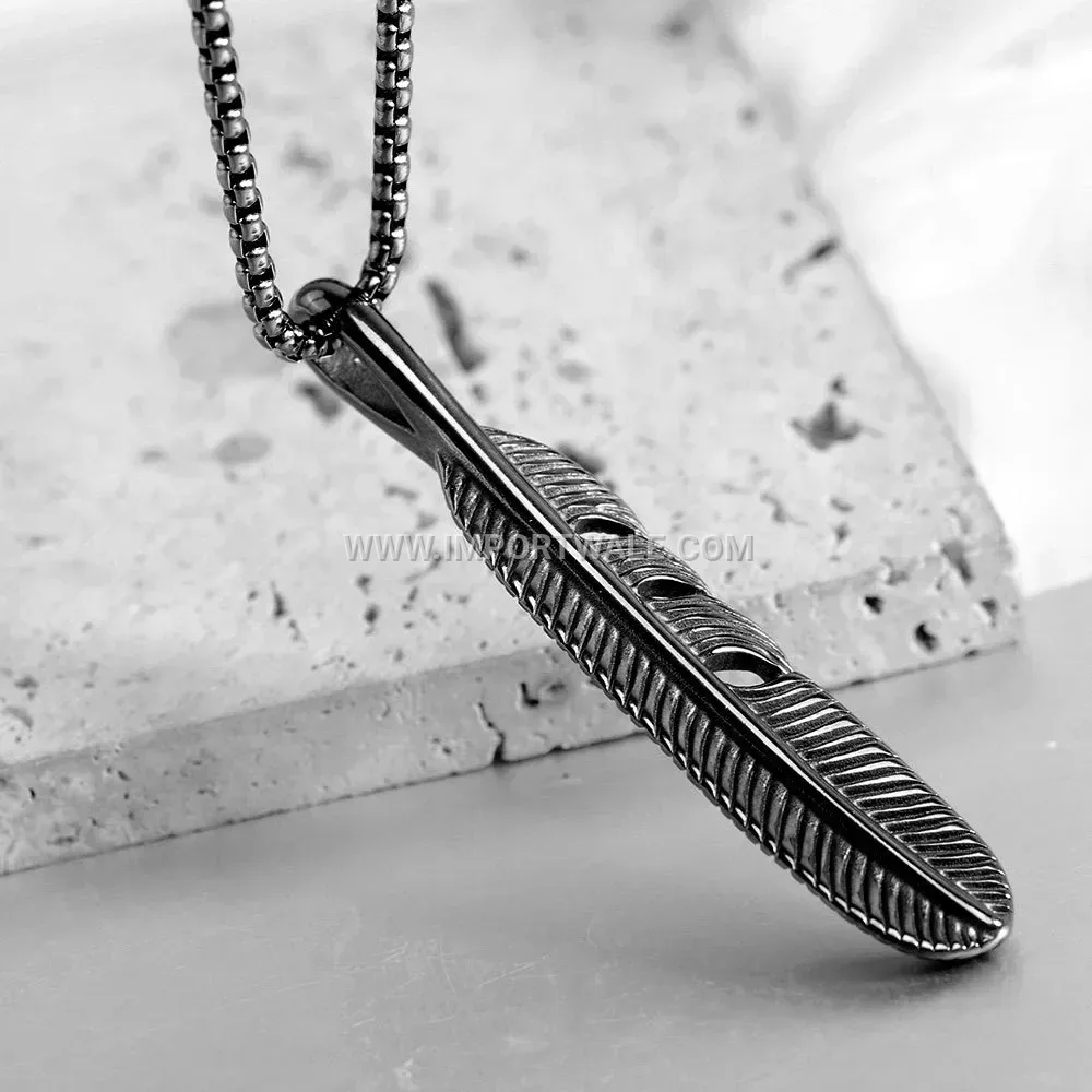 Bold Cast Stainless Steel Feather Pendant Necklace