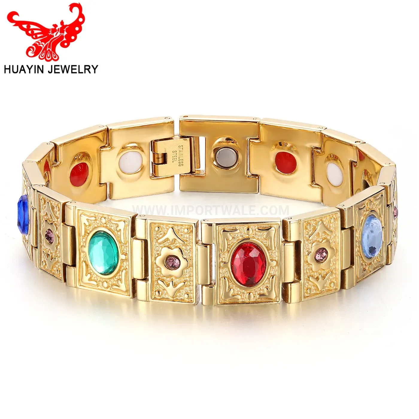 Bold Boho Style Gold Tone Titanium Steel Bio Magnetic Bracelet