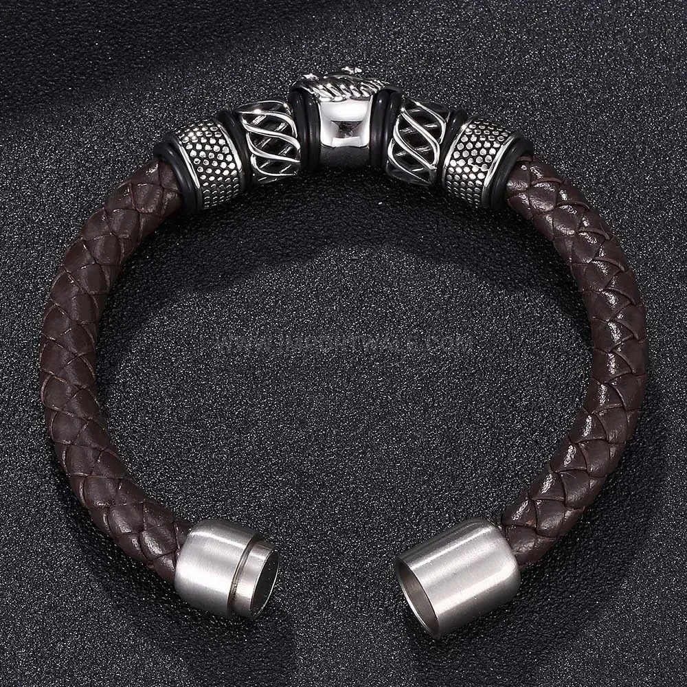 Classic Braided Brown Leather Bracelet with Stainless Steel Lion Accent