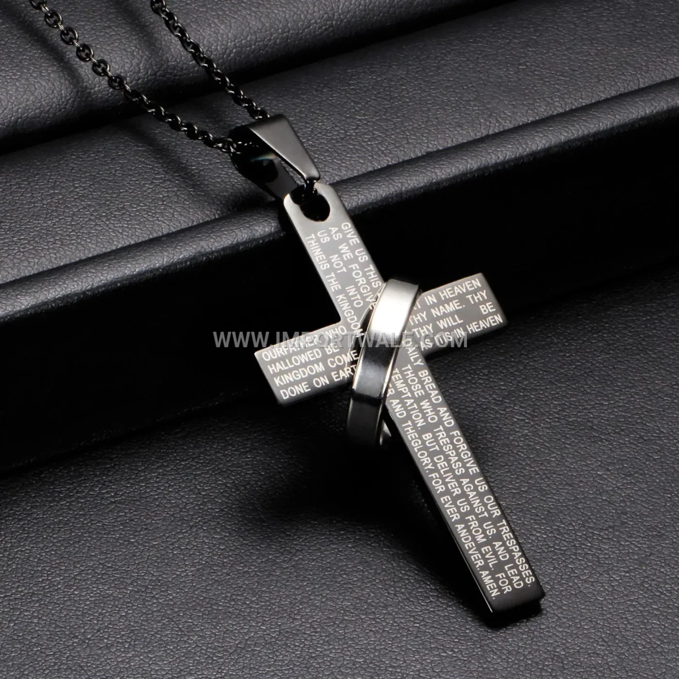 Engraved Cross Circular Stainless Steel Pendant Chain Necklace