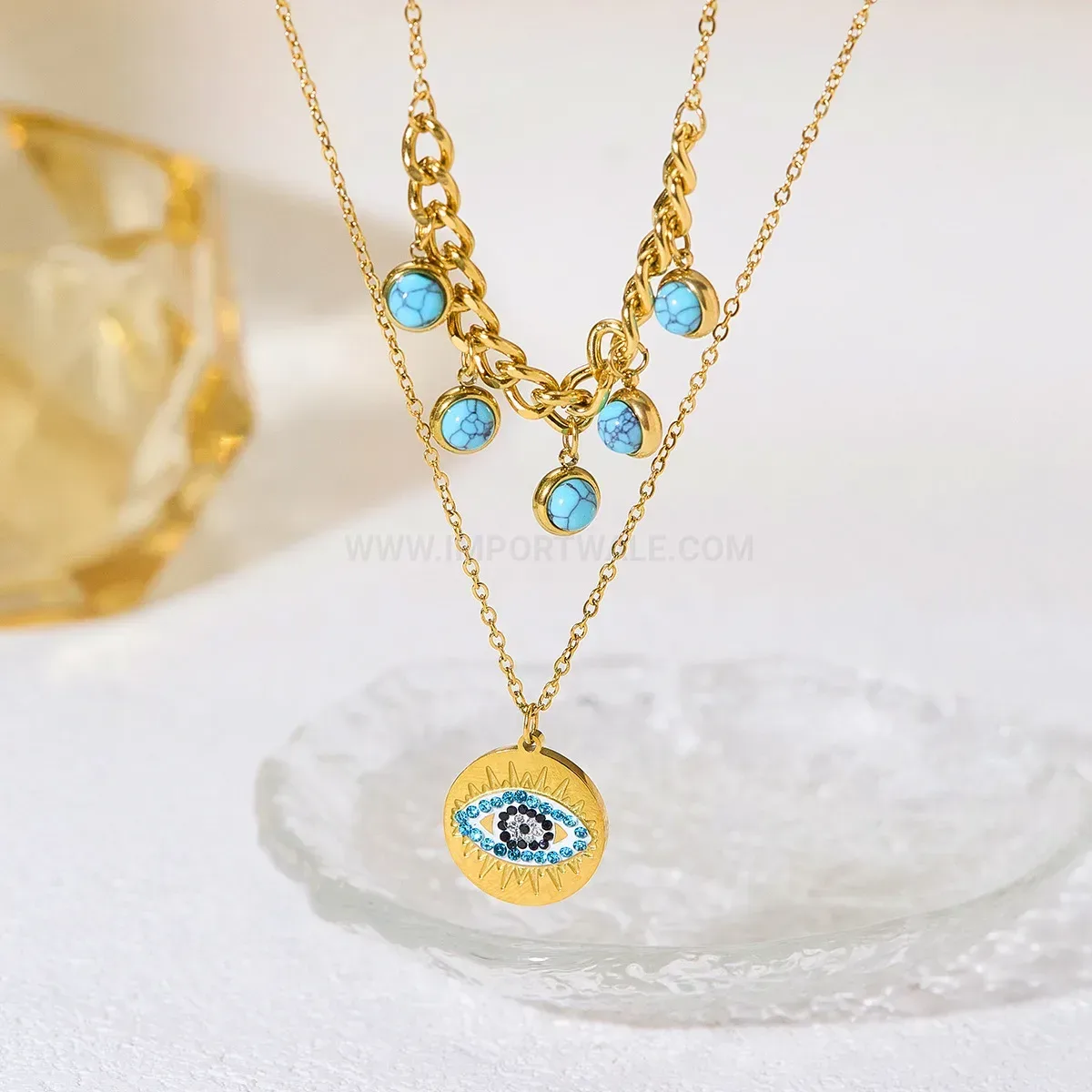 Layered Turquoise Evil Eye Pendant Stainless Steel Necklace